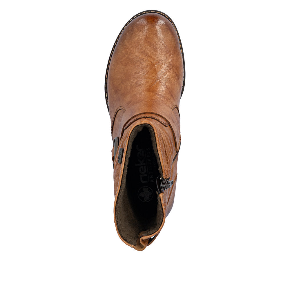 Rieker 74857-22 Ladies Wide Brown Leather Water Resistant Side Zip Ankle Boots