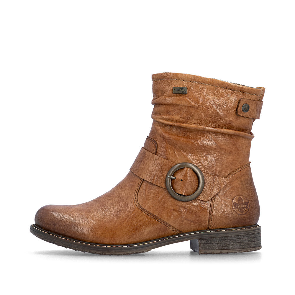 Rieker 74857-22 Ladies Wide Brown Leather Water Resistant Side Zip Ankle Boots
