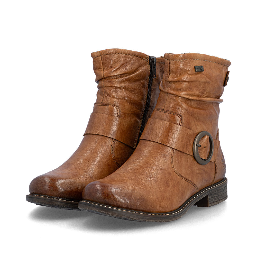 Rieker 74857-22 Ladies Wide Brown Leather Water Resistant Side Zip Ankle Boots