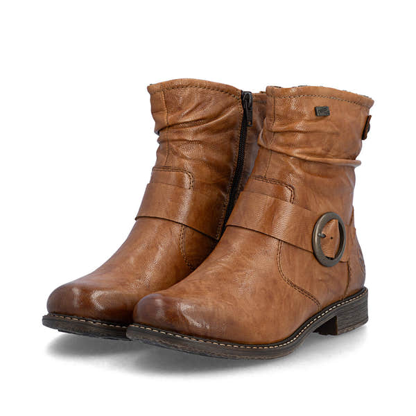 Rieker 74857-22 Ladies Wide Brown Leather Water Resistant Side Zip Ankle Boots