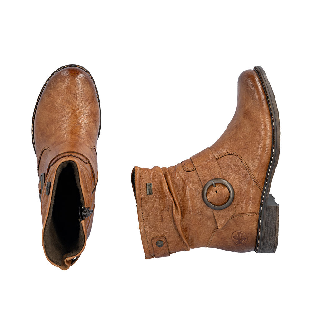 Rieker 74857-22 Ladies Wide Brown Leather Water Resistant Side Zip Ankle Boots