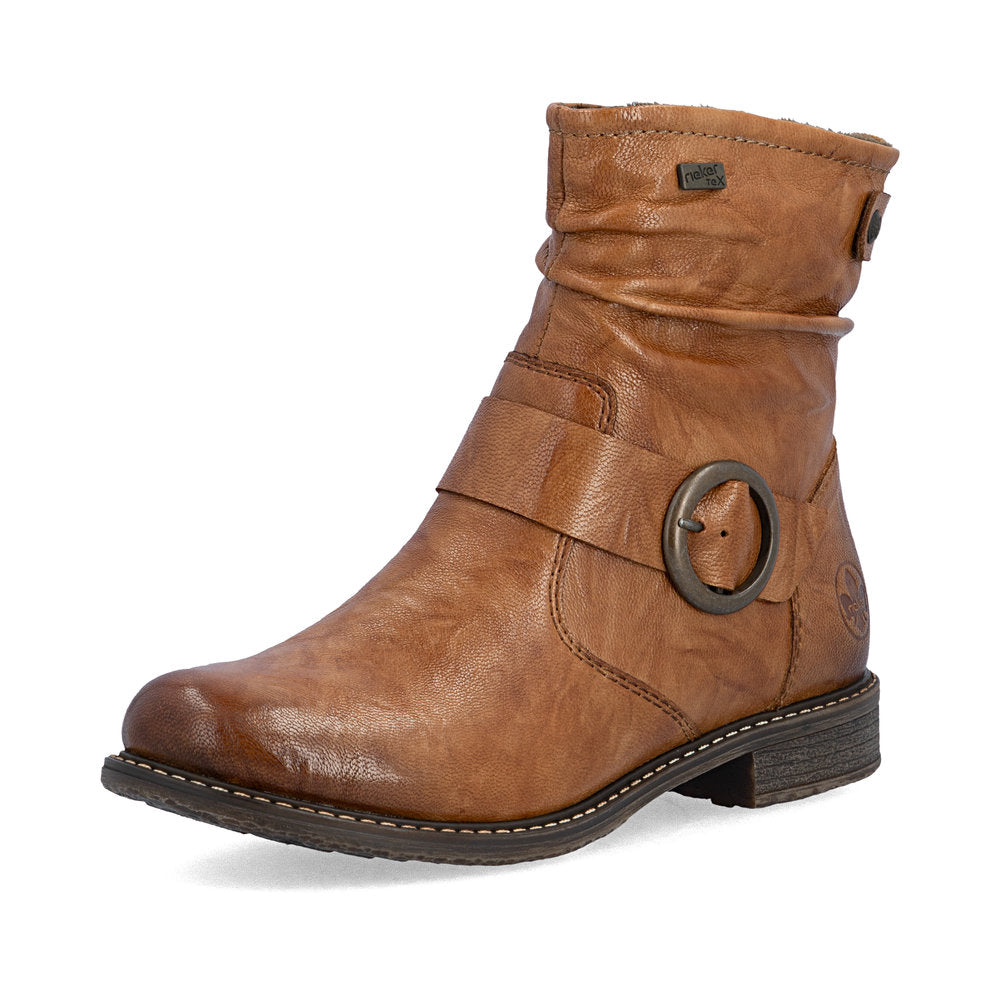 Rieker 74857-22 Ladies Wide Brown Leather Water Resistant Side Zip Ankle Boots