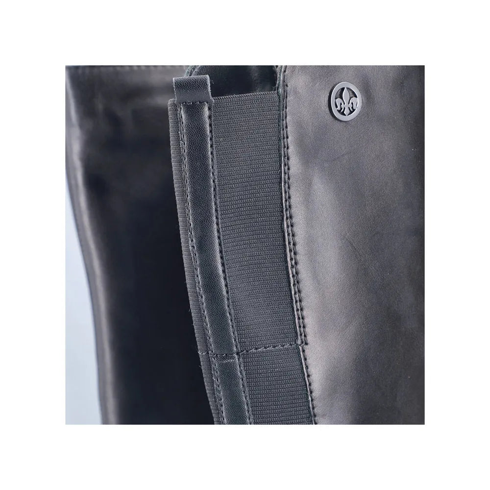 Rieker 77684-00 Ladies Black Leather Knee-High Boots with Side Zipper and Elastic Panel Detail.