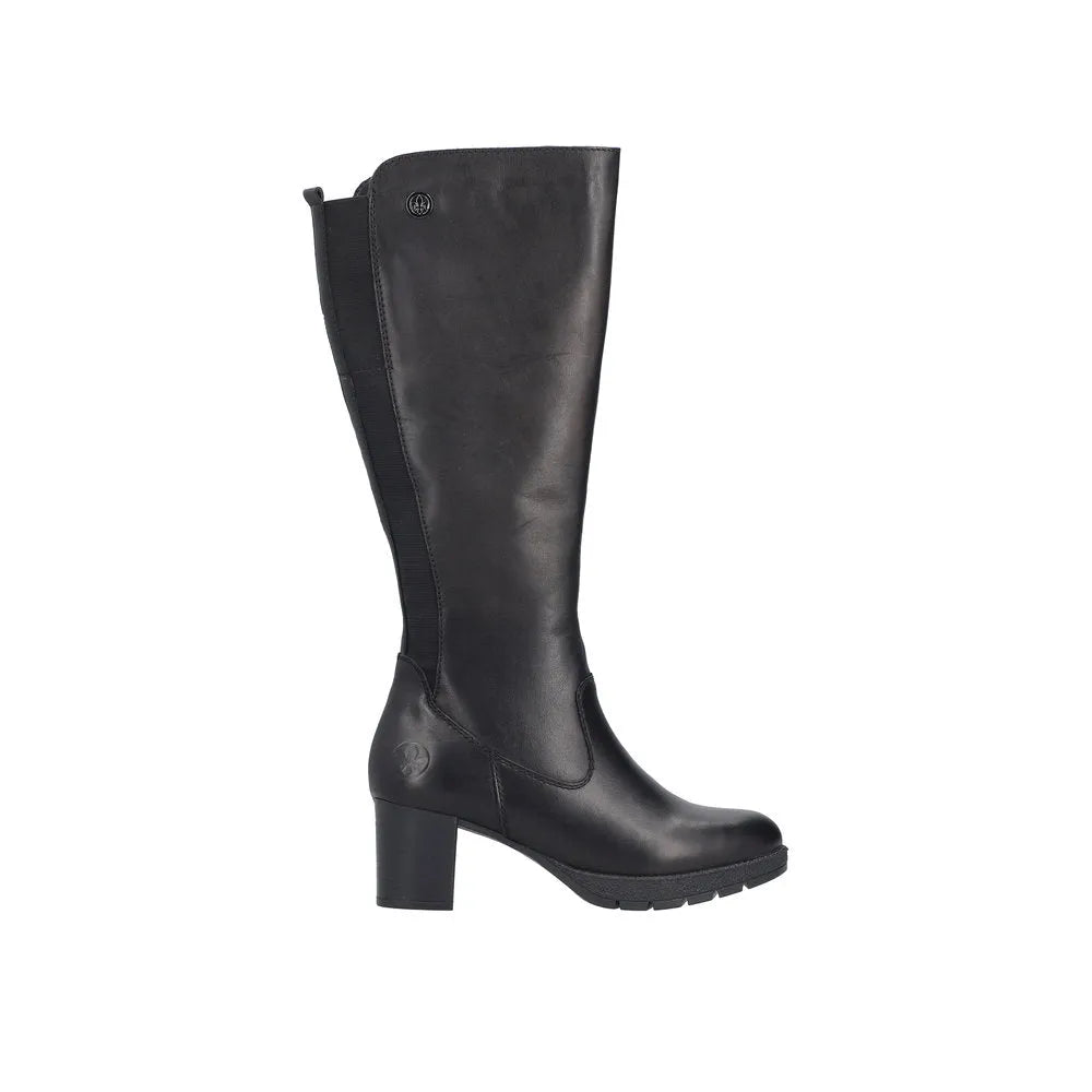 Rieker 77684-00 women's black leather knee-high boots with side zipper, block heel, and rugged outsole.
