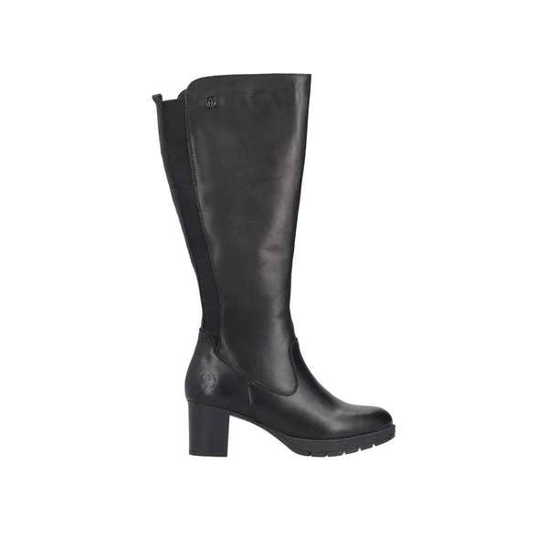 Rieker 77684-00 women's black leather knee-high boots with side zipper, block heel, and rugged outsole.