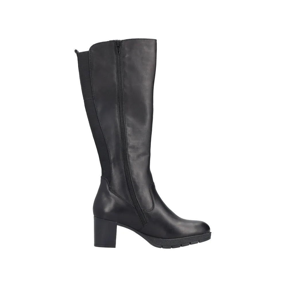 Rieker 77684-00 women's black leather knee-high boots with side zipper and chunky heel.