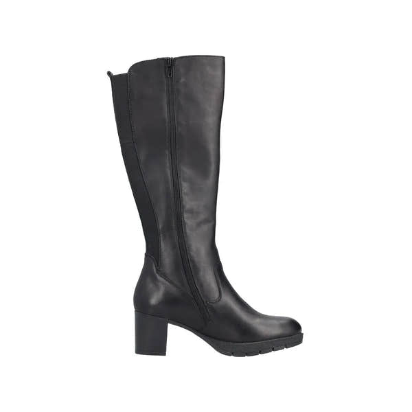Rieker 77684-00 women's black leather knee-high boots with side zipper and chunky heel.