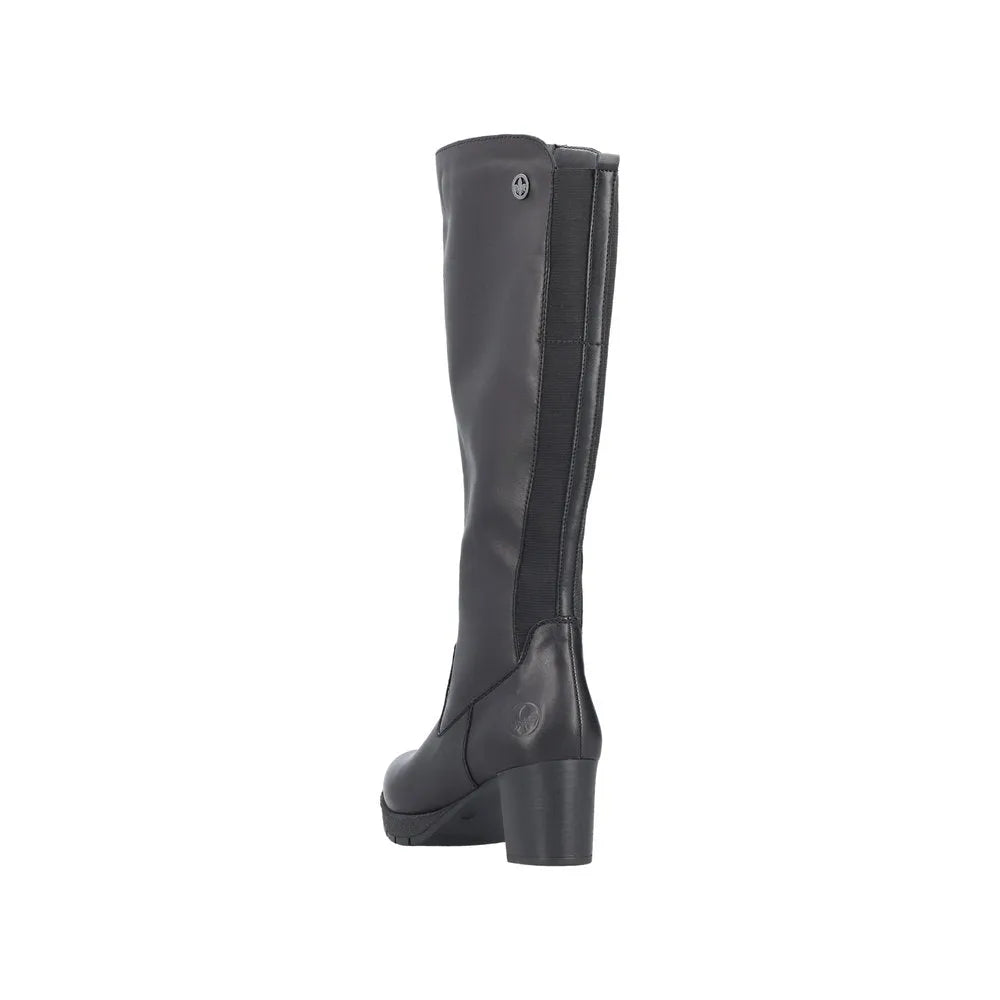 Rieker 77684-00 women's black leather knee-high boots with side zip and block heel.