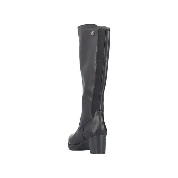 Rieker 77684-00 women's black leather knee-high boots with side zip and block heel.