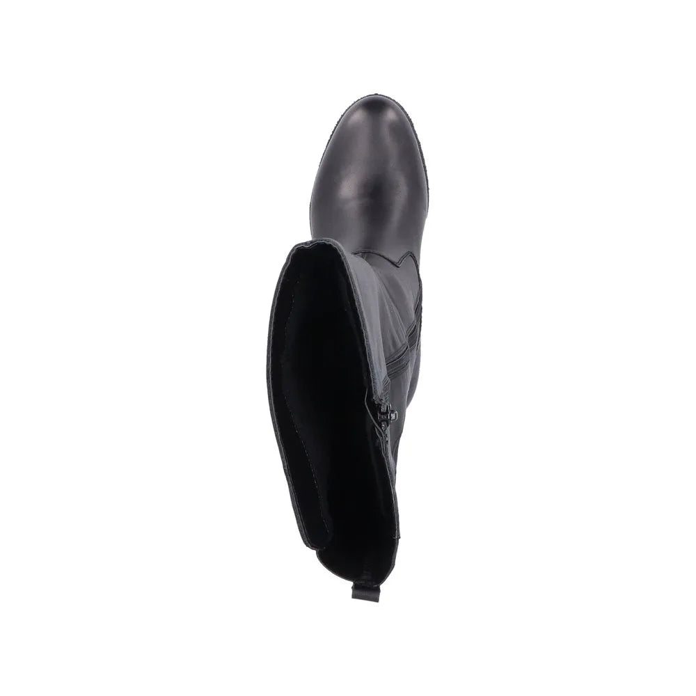 Rieker 77684-00 ladies black leather knee-high boots with side zipper, stylish and comfortable footwear.