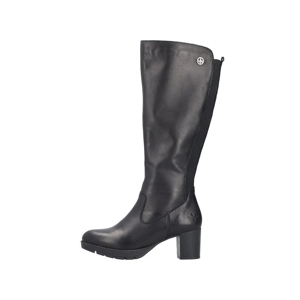 Rieker 77684-00 women's black leather knee-high boots with side zipper, block heel, and rounded toe.