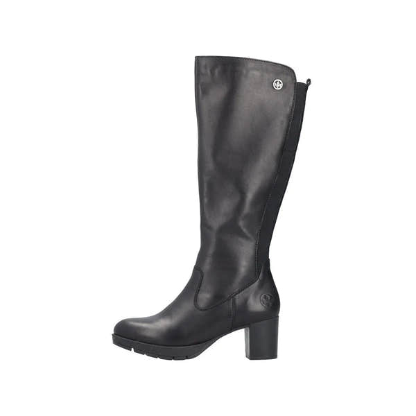 Rieker 77684-00 women's black leather knee-high boots with side zipper, block heel, and rounded toe.
