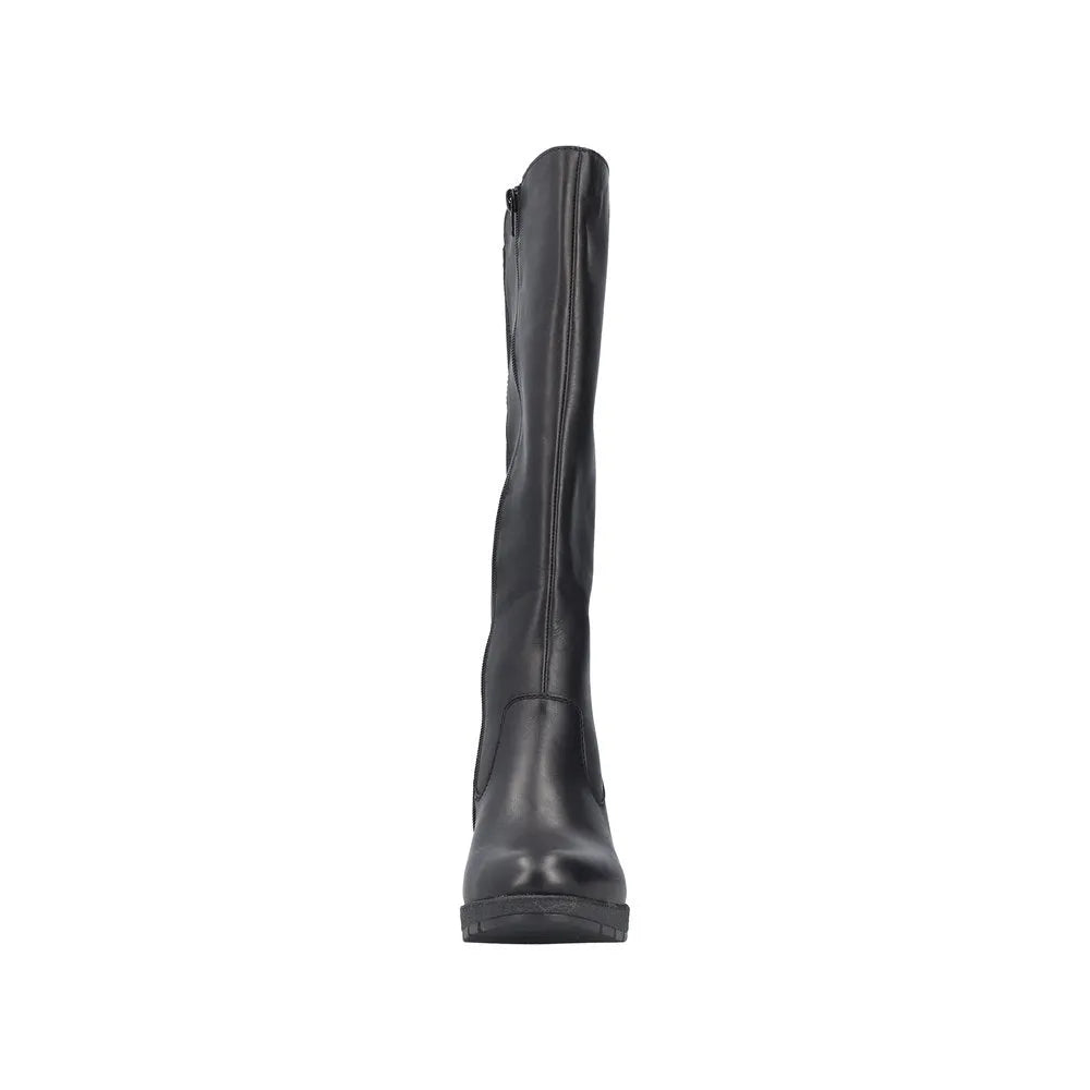 Rieker 77684-00 women's black leather knee-high boots with side zipper and flat sole.