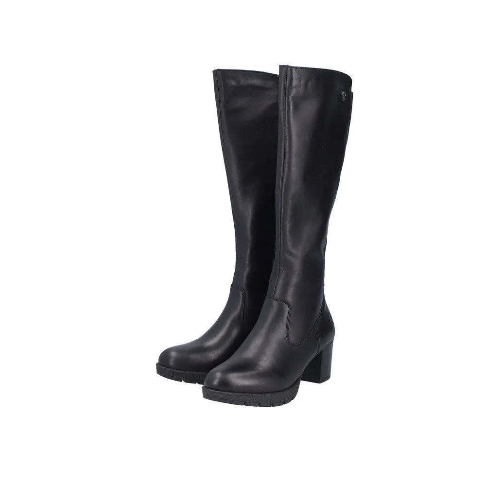 Rieker 77684-00 women's black leather knee-high boots with side zipper, block heel, and rounded toe.