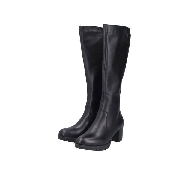 Rieker 77684-00 women's black leather knee-high boots with side zipper, block heel, and rounded toe.