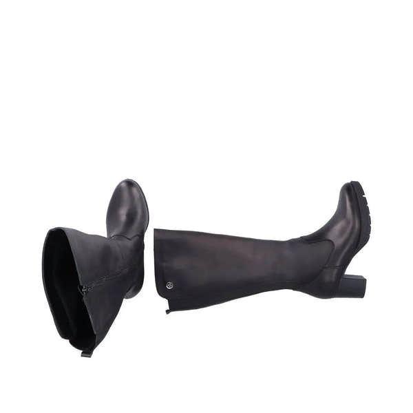 Rieker 77684-00 Ladies Black Leather Knee-High Boots with Side Zipper and Chunky Heel
