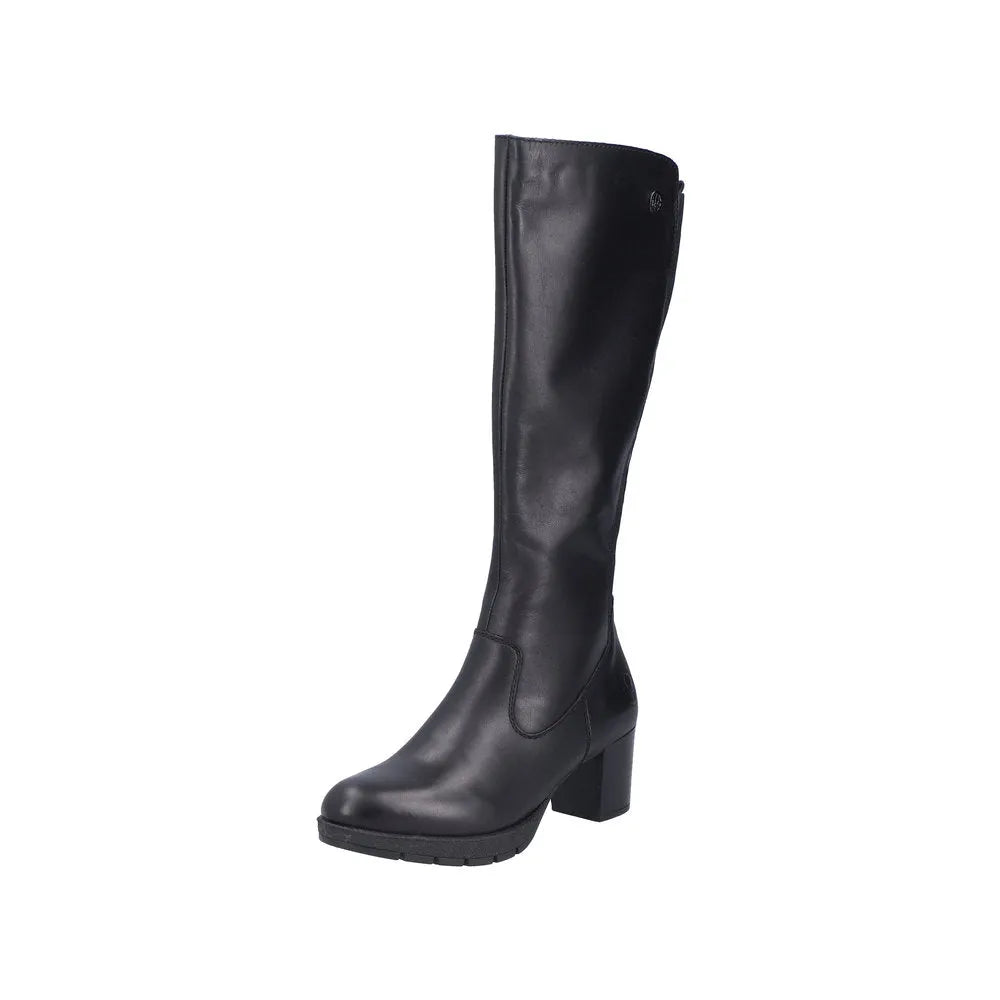 Rieker 77684-00 women's black leather knee-high boots with side zipper, chunky heel, and rounded toe.