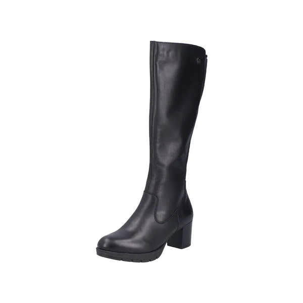 Rieker 77684-00 women's black leather knee-high boots with side zipper, chunky heel, and rounded toe.