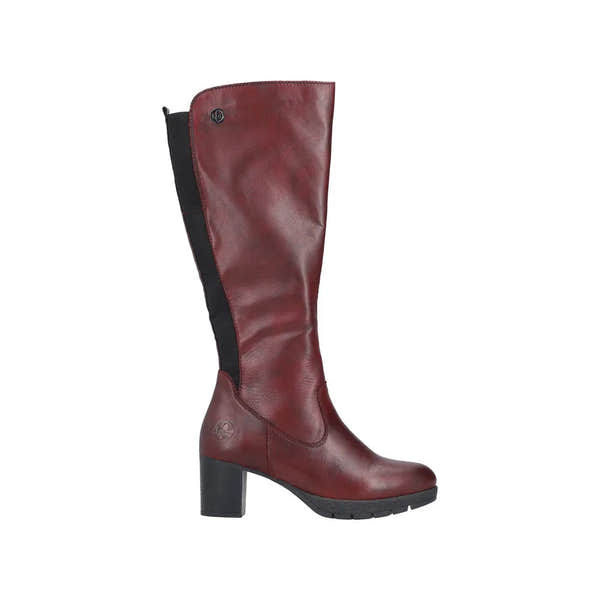 Rieker 77684-35 women's red leather knee-high boots with side zip and block heel.