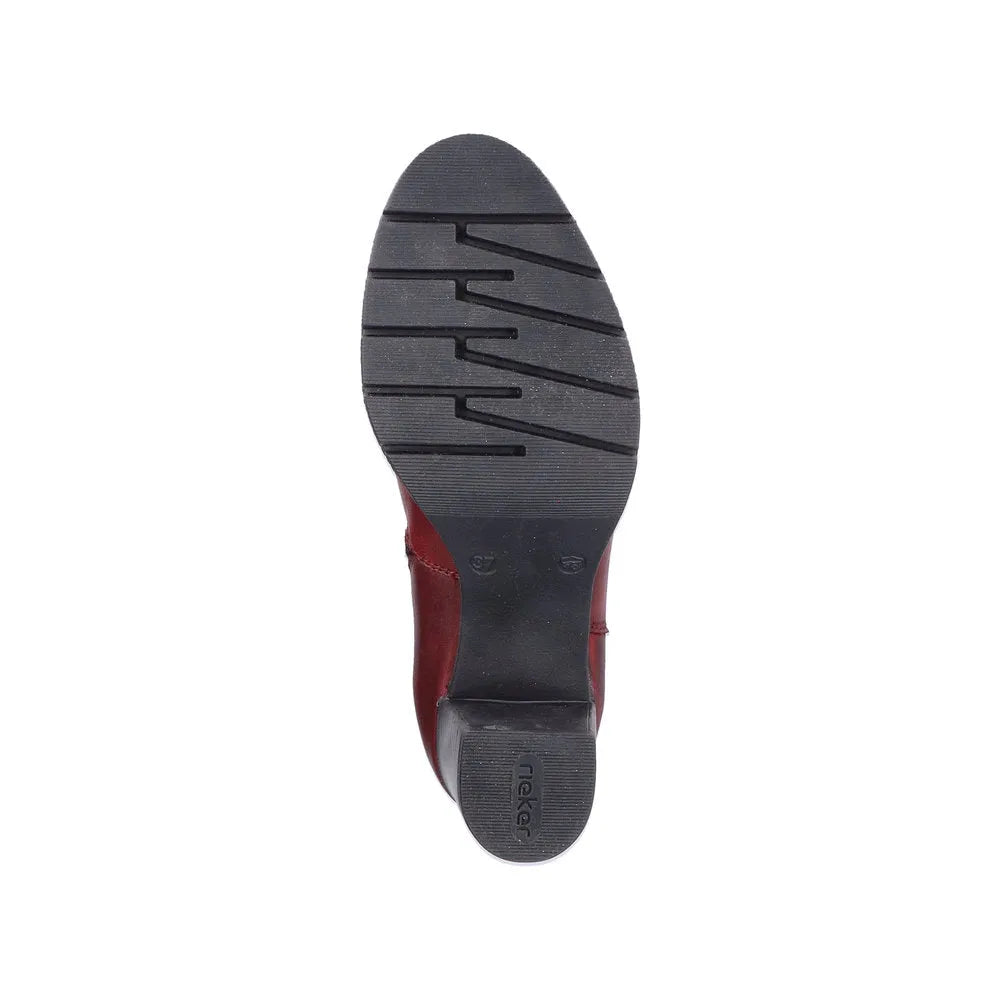 Rieker 77684-35 women's red leather knee-high boots with side zipper and chunky heel, outsole traction pattern.