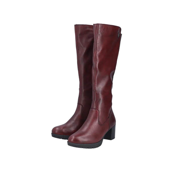 Rieker 77684-35 women's red leather knee-high boots with side zippers and chunky heels.