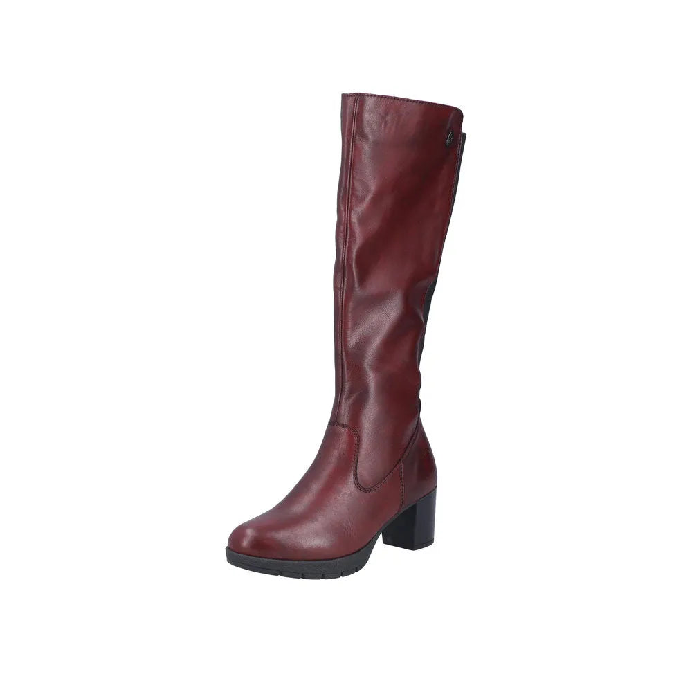 Rieker 77684-35 ladies red leather knee-high boots with side zip and chunky block heel.