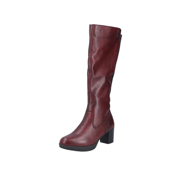 Rieker 77684-35 ladies red leather knee-high boots with side zip and chunky block heel.