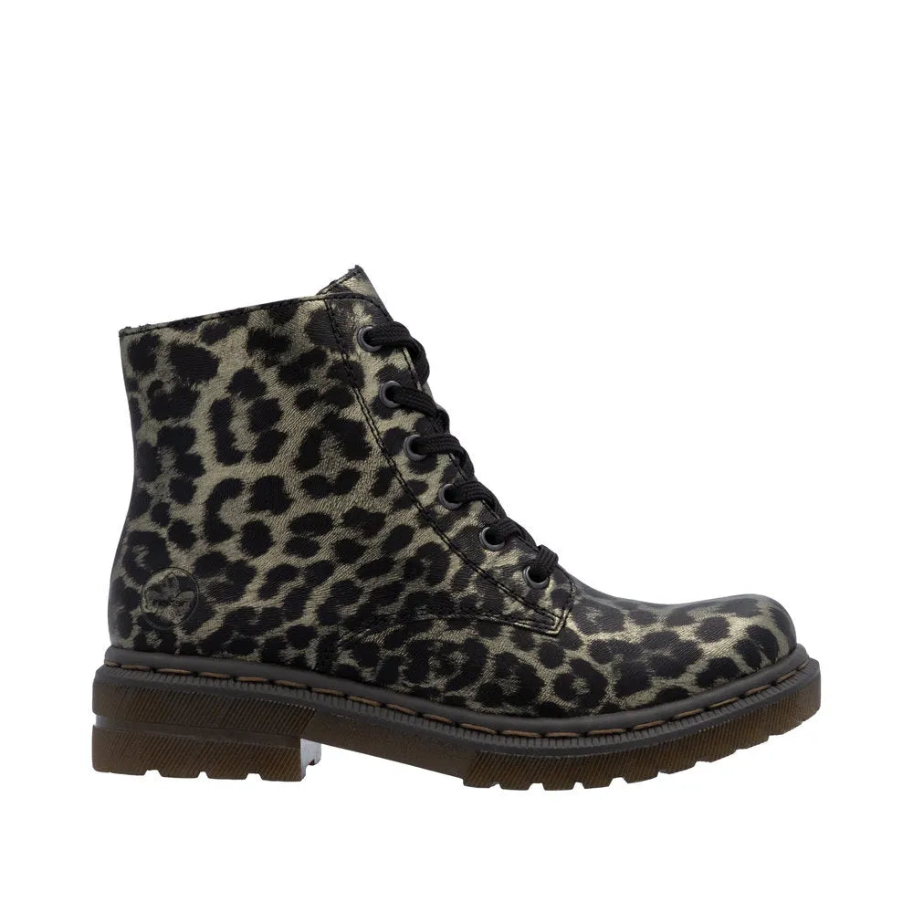 Rieker 78240-90 women's animal print ankle boots with lace-up front, side zipper, and chunky sole.
