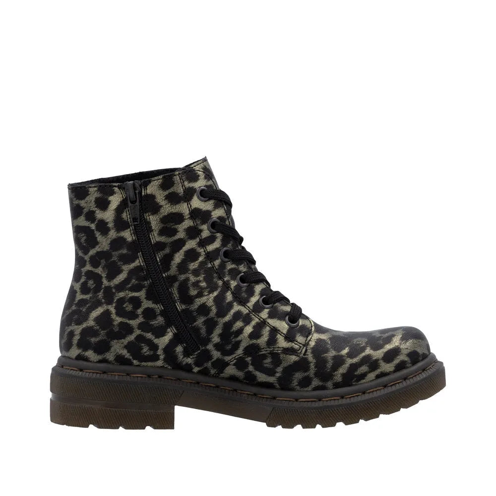 Rieker 78240-90 women's ankle boots with leopard print, multi-zip, lace-up design, and side zipper for easy wear.