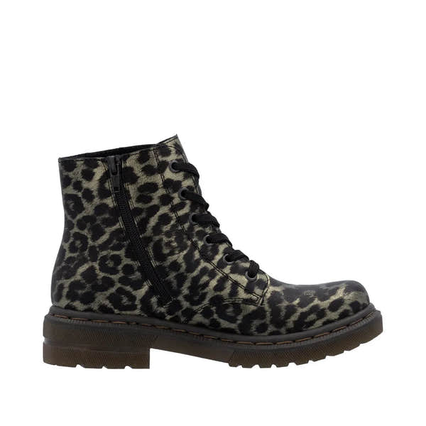 Rieker 78240-90 women's ankle boots with leopard print, multi-zip, lace-up design, and side zipper for easy wear.