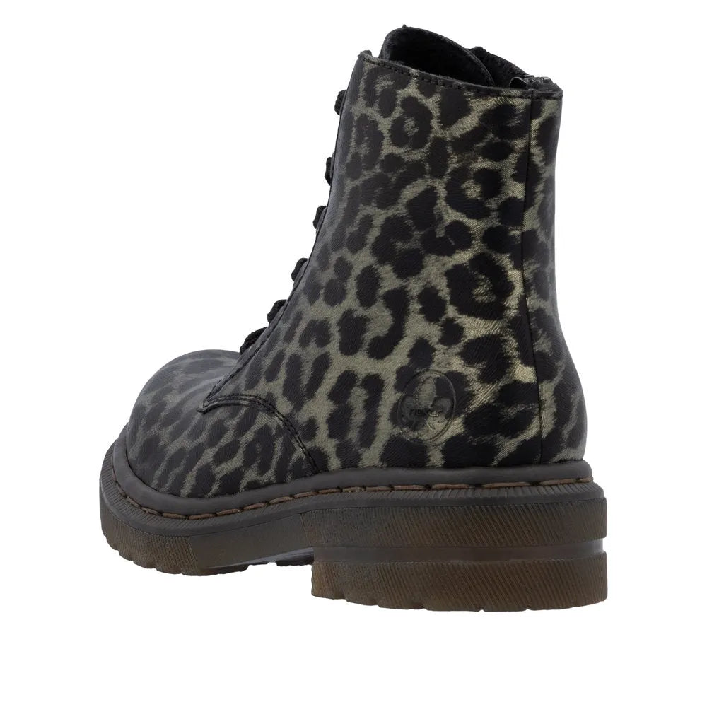 Rieker 78240-90 women's ankle boots with leopard print, lace-up design, side zipper, and rugged sole.