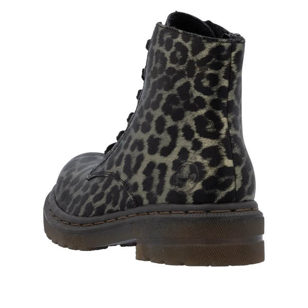 Rieker 78240-90 women's ankle boots with leopard print, lace-up design, side zipper, and rugged sole.