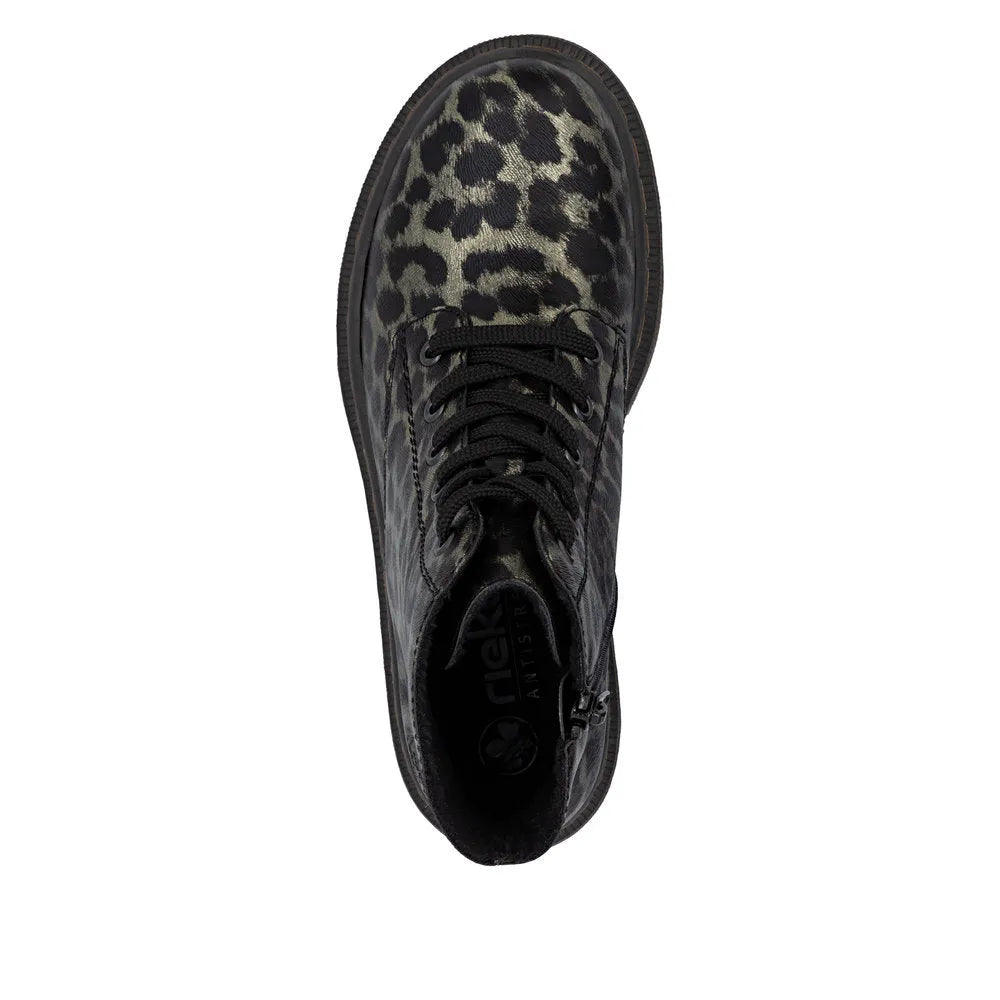 Rieker 78240-90 women's ankle boots with multi-zip and lace design, leopard print pattern, synthetic upper, and cushioned sole.