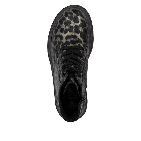 Rieker 78240-90 women's ankle boots with multi-zip and lace design, leopard print pattern, synthetic upper, and cushioned sole.