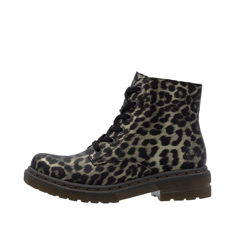 Rieker 78240-90 women's leopard print ankle boots with lace-up and side zipper, sturdy sole, stylish and comfortable footwear.
