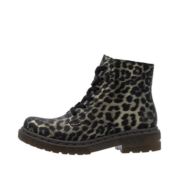 Rieker 78240-90 women's leopard print ankle boots with lace-up and side zipper, sturdy sole, stylish and comfortable footwear.