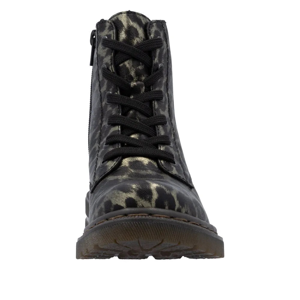 Rieker 78240-90 women's ankle boots with leopard print, multi-zip, lace-up closure, and stylish design.