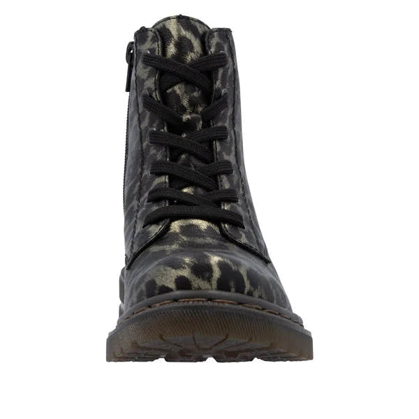 Rieker 78240-90 women's ankle boots with leopard print, multi-zip, lace-up closure, and stylish design.