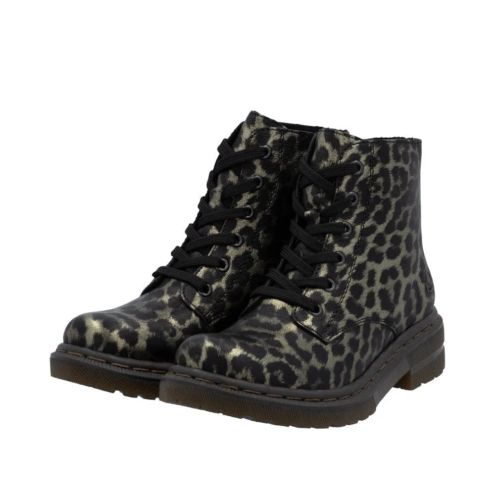 Rieker 78240-90 women's leopard print ankle boots with lace-up front, side zippers, and durable rubber soles.