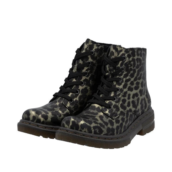 Rieker 78240-90 women's leopard print ankle boots with lace-up front, side zippers, and durable rubber soles.