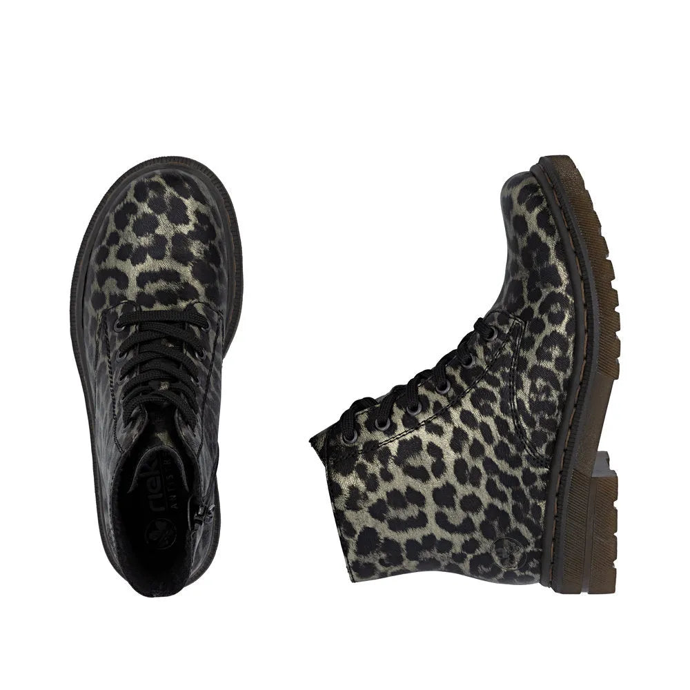 Rieker 78240-90 women's ankle boots with leopard print, multi-zip and lace design, rugged sole, stylish and trendy footwear.