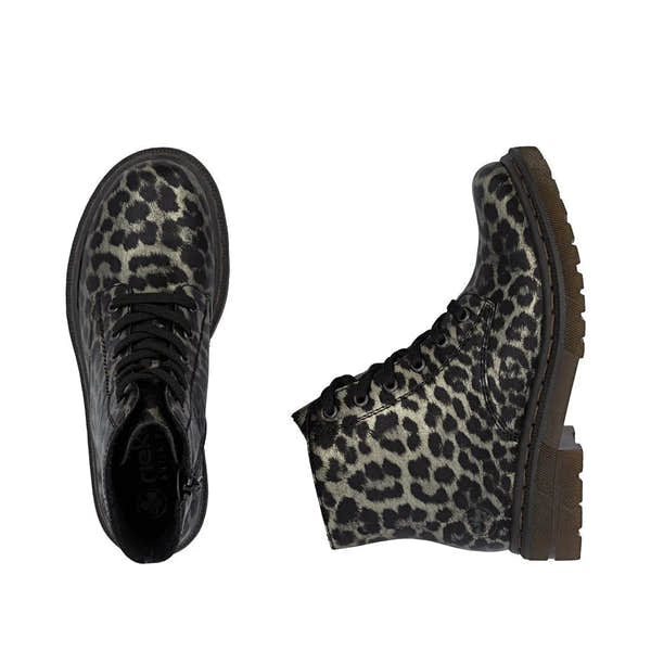 Rieker 78240-90 women's ankle boots with leopard print, multi-zip and lace design, rugged sole, stylish and trendy footwear.