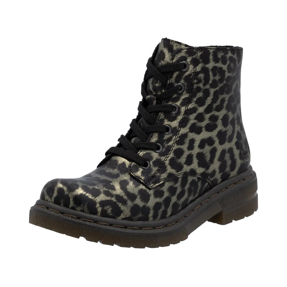 Rieker 78240-90 ladies leopard-print ankle boots with multi-zip and lace-up closure, black laces, chunky sole.