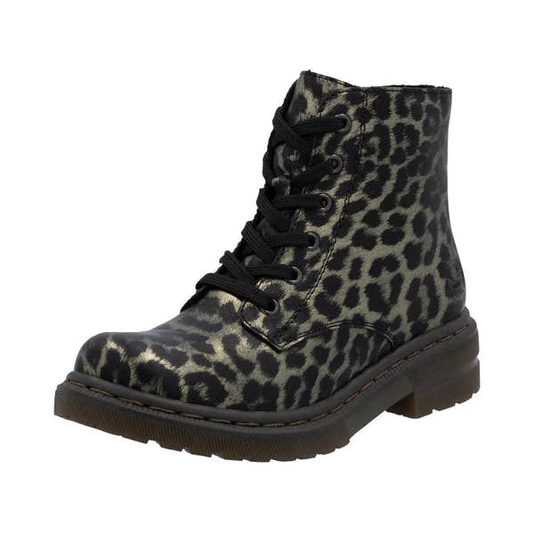 Rieker 78240-90 ladies leopard-print ankle boots with multi-zip and lace-up closure, black laces, chunky sole.