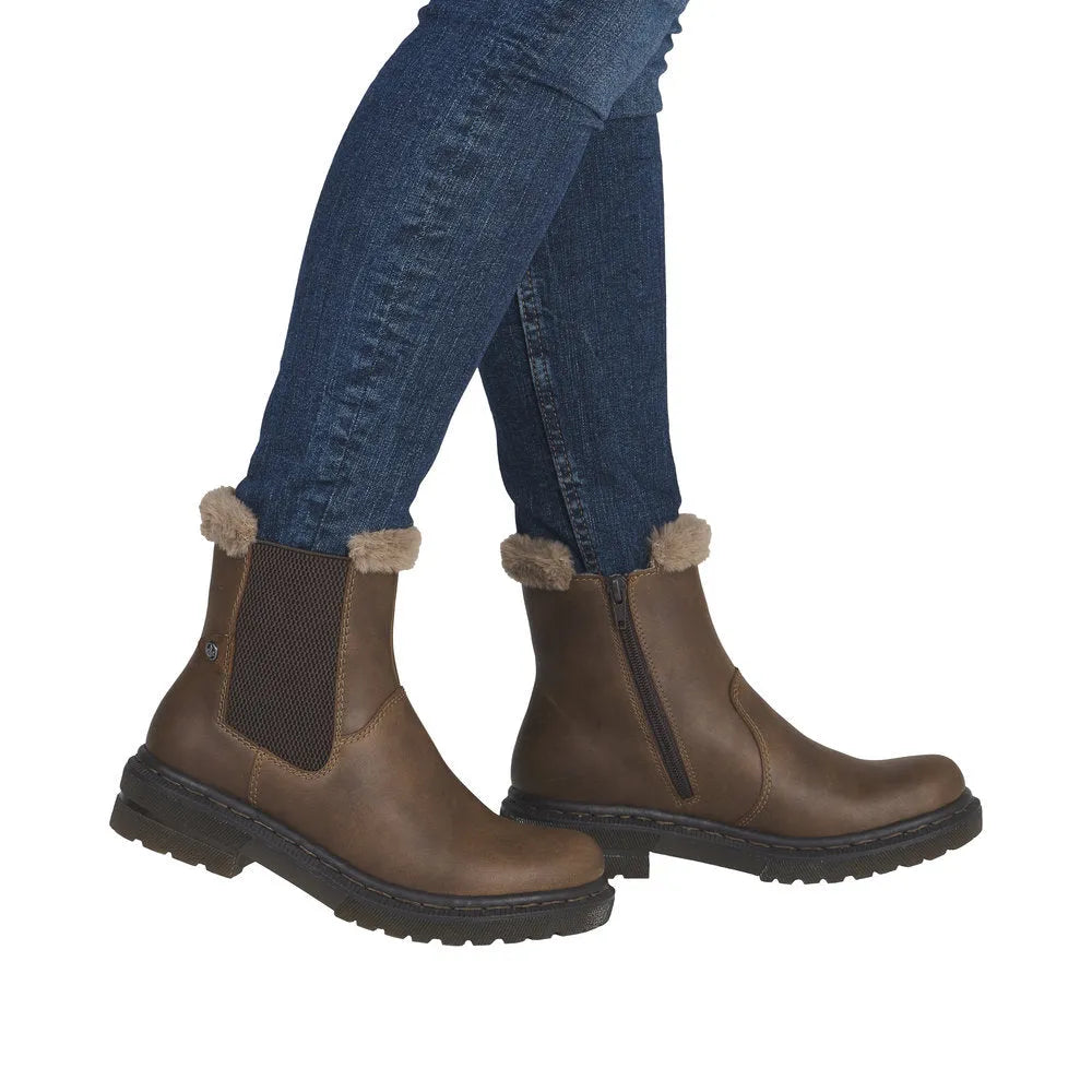 Rieker 78250-22 women's brown ankle boots with side zip and faux fur lining, stylish winter footwear.