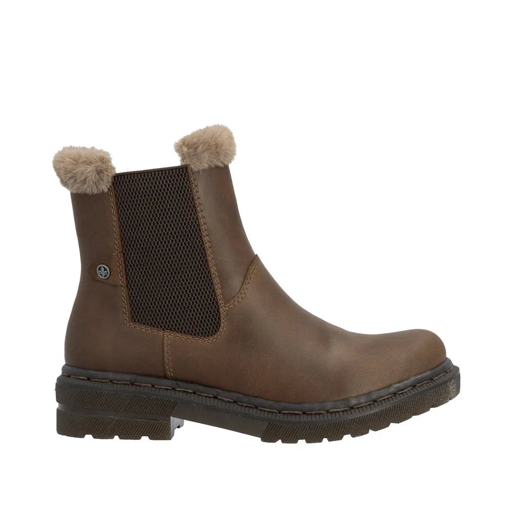 Rieker 78250-22 women's brown ankle boots with side zipper, faux fur trim, slip-on design, durable sole, and stylish casual footwear.
