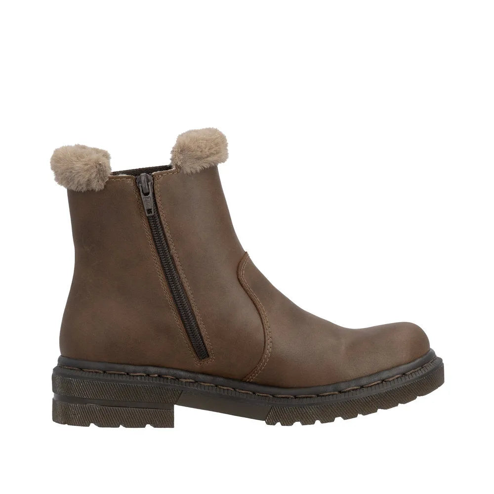 Rieker 78250-22 women's brown ankle boots with side zipper and faux fur trim, comfortable winter footwear.