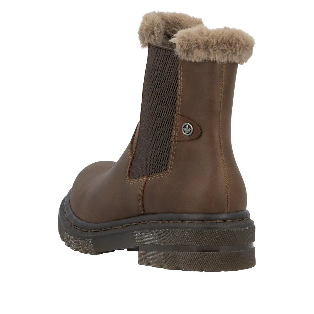 Rieker 78250-22 women's brown ankle boots with side zip, fur lining, and chunky sole, stylish and insulated winter footwear.