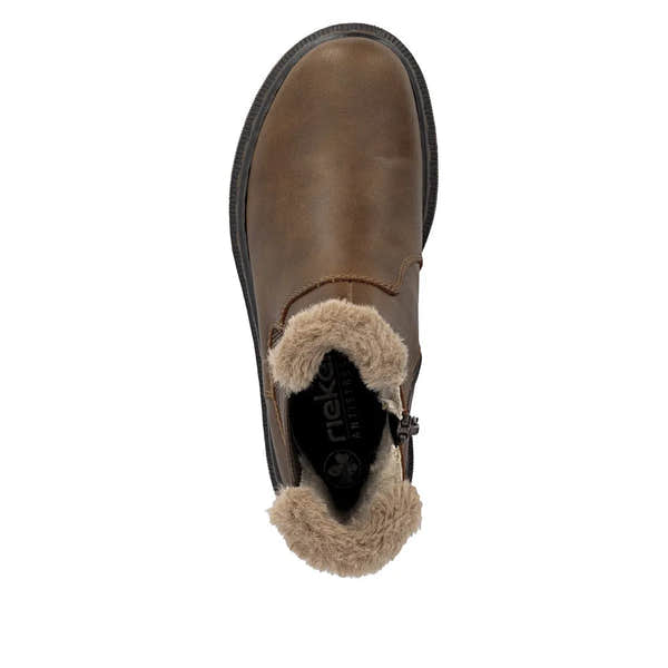 Rieker 78250-22 women's brown ankle boots with side zipper and faux fur lining, stylish and comfortable fall footwear.