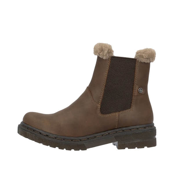 Rieker 78250-22 women's brown ankle boots with side zipper, faux fur trim, slip-on style, low heel, durable outsole.